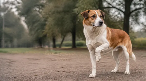 Rust-and-white dog standing outdoors with one front paw lifted