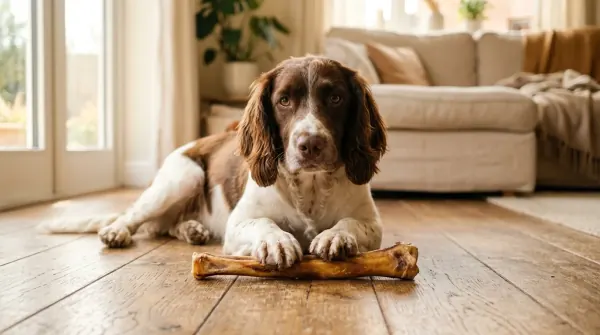 Dog with a high-value chew, showing focused but settled body language