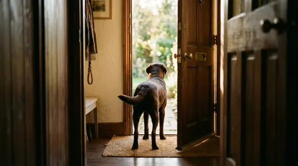 Dog at the front door looking through the gap, alone