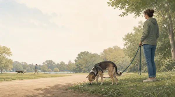 Dog sniffing grass on a loose leash while another dog passes at a safe distance