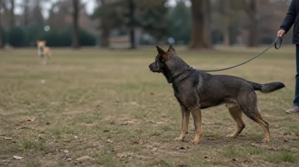 Sable dog standing with a braced posture while watching another dog at a distance