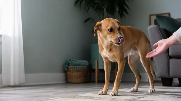 Dog turning away and licking its nose as a nearby hand pauses