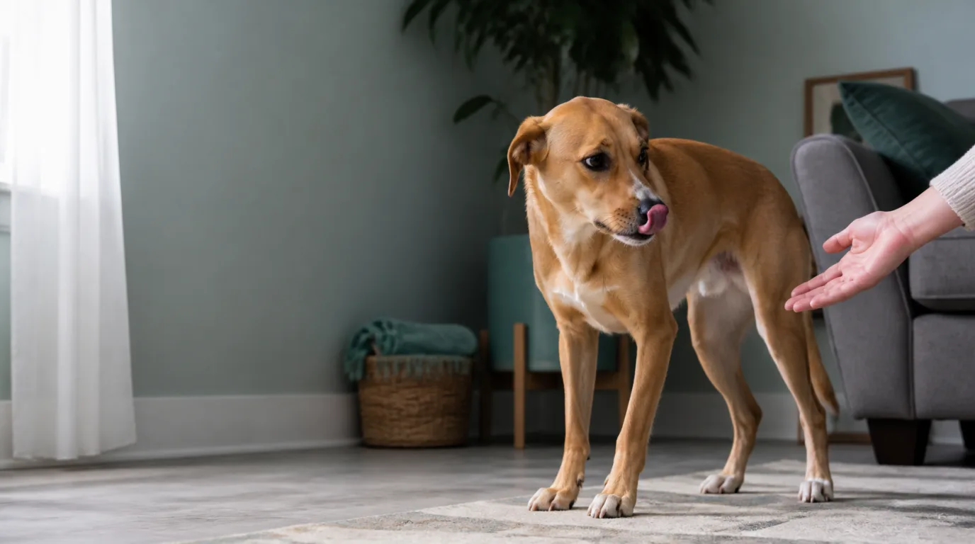 Dog turning away and licking its nose as a nearby hand pauses