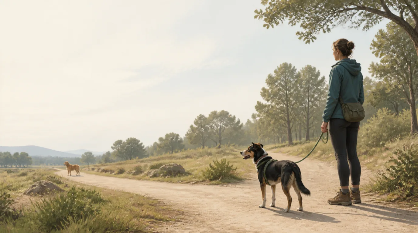 Dog noticing another dog from a comfortable training distance while standing on a loose leash