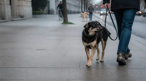 Dog and handler calmly changing direction on a city walk with distant triggers