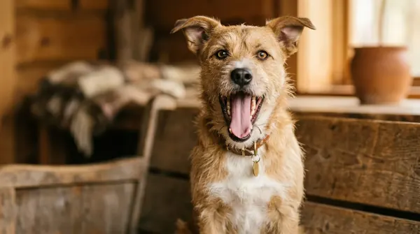 Dog mid-yawn with mouth open but eyes alert and not tired-looking