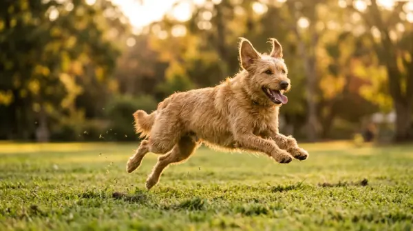 Dog mid-zoomies in a high-speed bouncy run across grass
