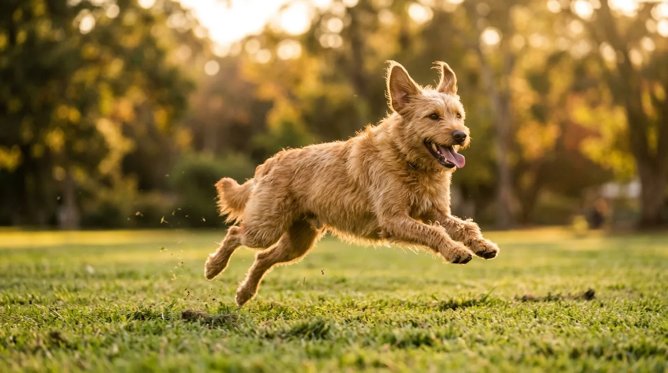 Dog mid-zoomies in a high-speed bouncy run across grass