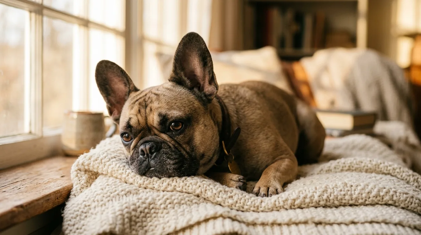 French Bulldog with characteristic flat face and bat ears, calm resting posture