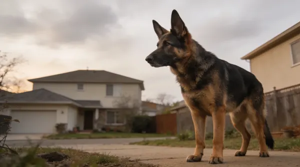 German Shepherd Dog standing alert with ears forward and weight balanced evenly across all four legs