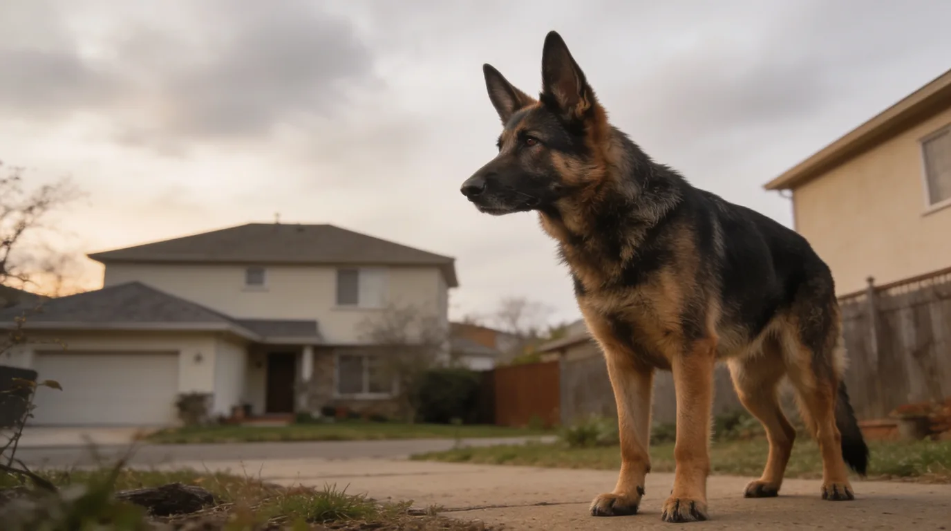 German Shepherd Dog standing alert with ears forward and weight balanced evenly across all four legs