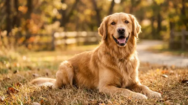 Golden Retriever with characteristic open-mouth smile and relaxed body