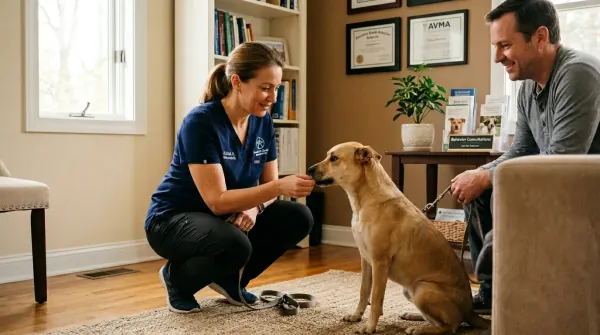 A professional behaviorist working with a dog and owner