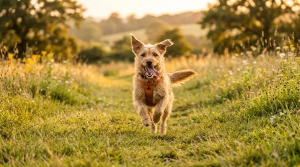 Dog running joyfully toward owner across a sunlit field