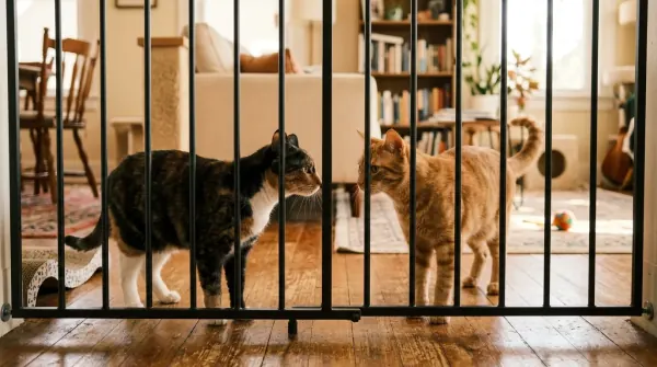 Two cats meeting cautiously through a pet gate