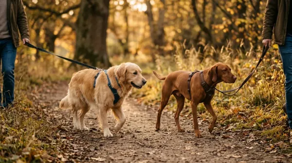 Two dogs on a parallel walk in a neutral park setting