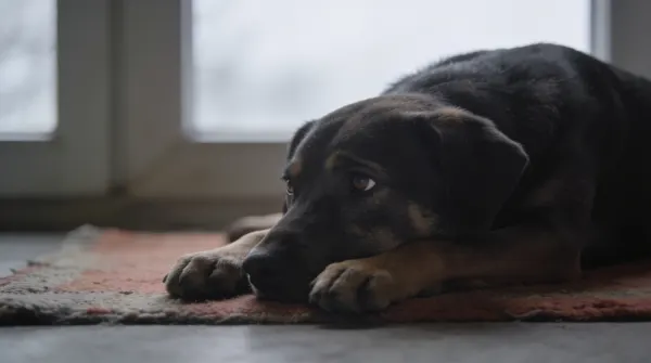 Dog lying with head on paws, disengaged, eyes half-closed, in a dim room