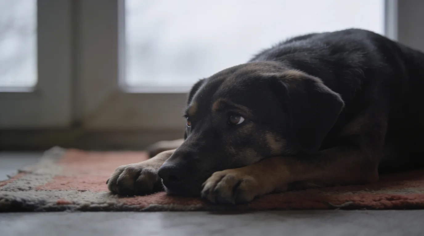 Dog lying with head on paws, disengaged, eyes half-closed, in a dim room