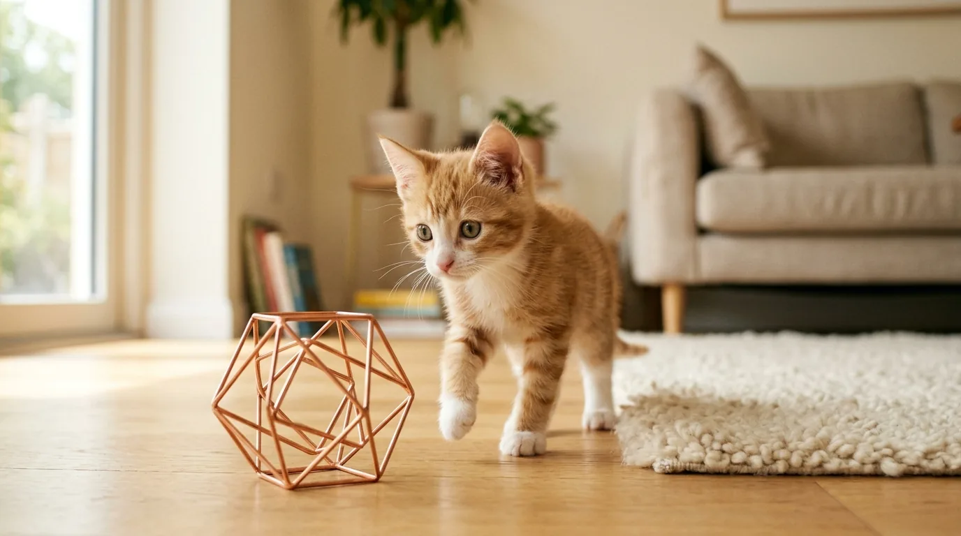 Young kitten exploring a novel object during a controlled socialization moment