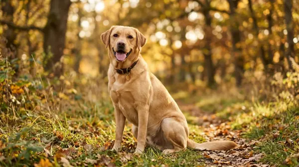 Labrador Retriever with characteristic otter tail and open-mouth smile