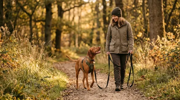 A dog on a long line during a calm leash-walking session
