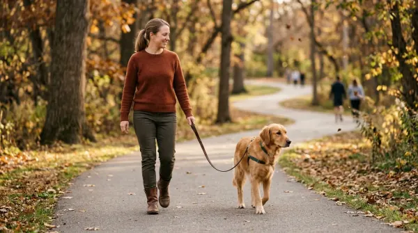 Dog walking calmly on a loose leash beside owner