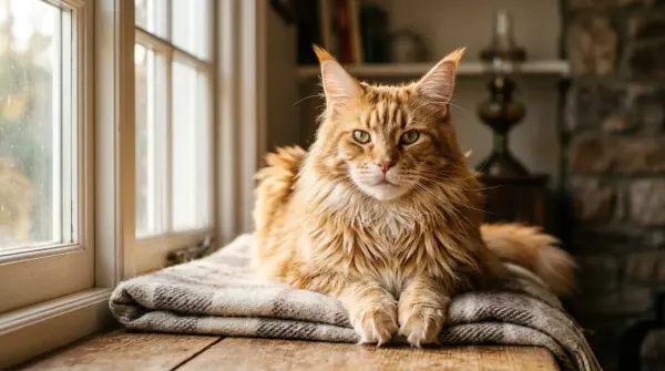 Maine Coon cat with characteristic tufted ears and long coat resting in alert posture