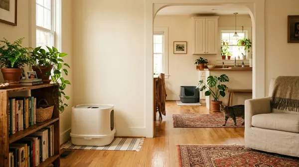 Multiple cats coexisting in a home with separate litter boxes visible in different locations