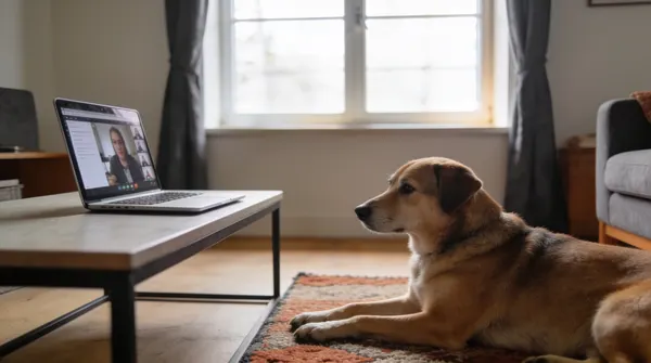 Laptop showing a video consultation while a dog rests nearby in a living room