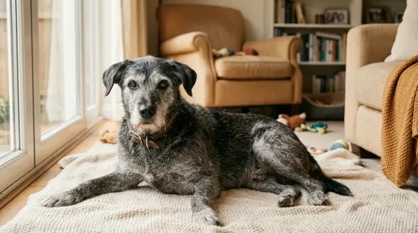 Senior dog with subtle expression of discomfort, lying with weight shifted