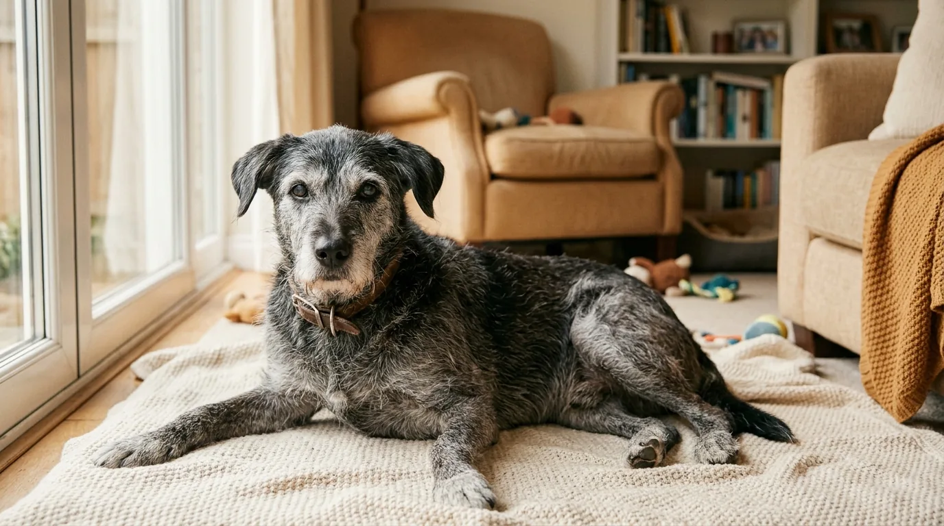 Senior dog with subtle expression of discomfort, lying with weight shifted
