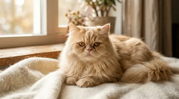Persian cat with characteristic flat face and long coat resting calmly