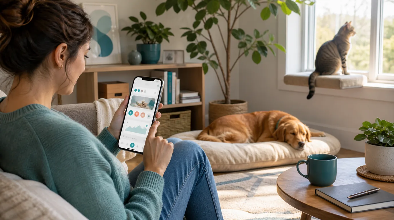 Pet owner recording a natural observation in a behavior journal app while a dog and cat rest nearby