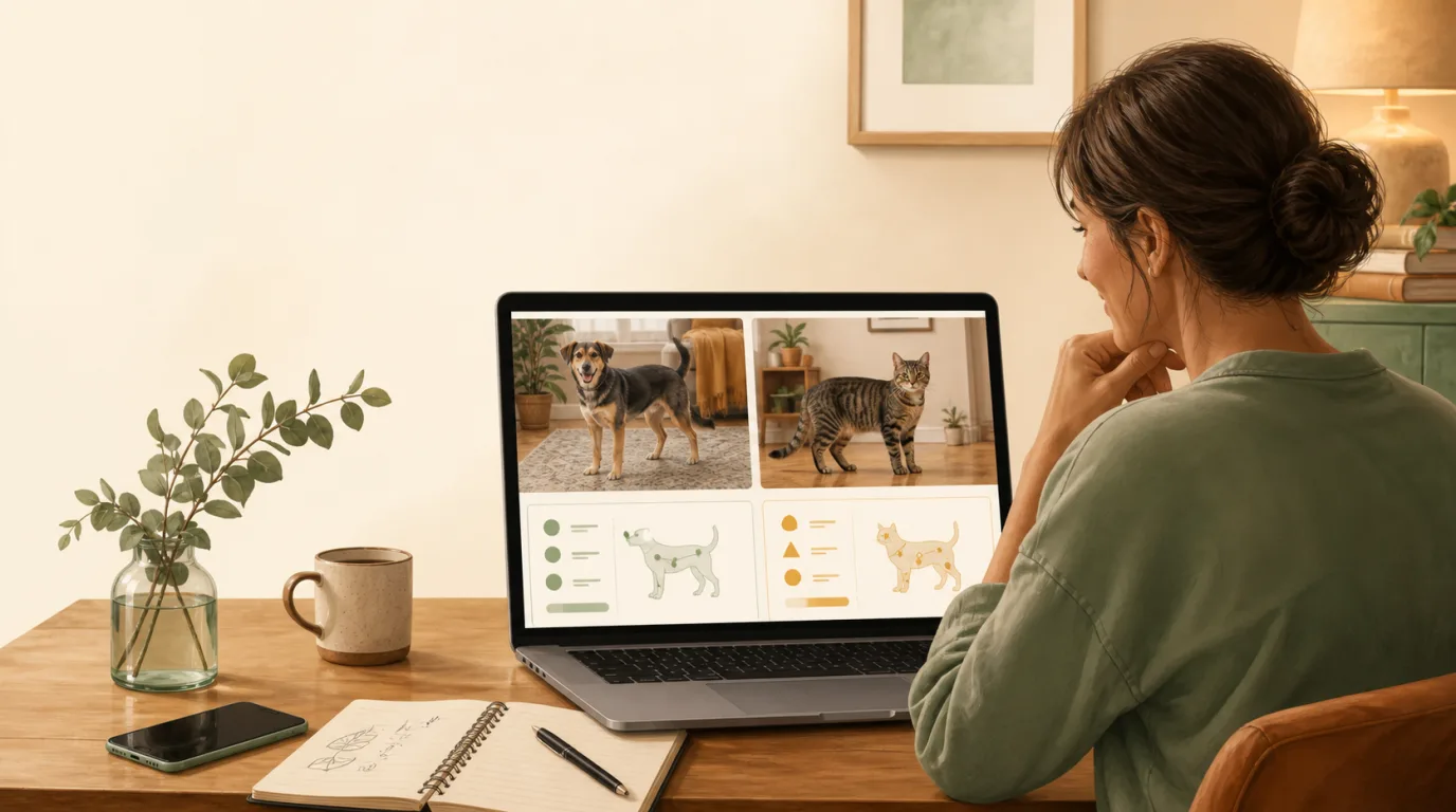 Pet owner comparing full-body dog and cat photos with structured body-language observations