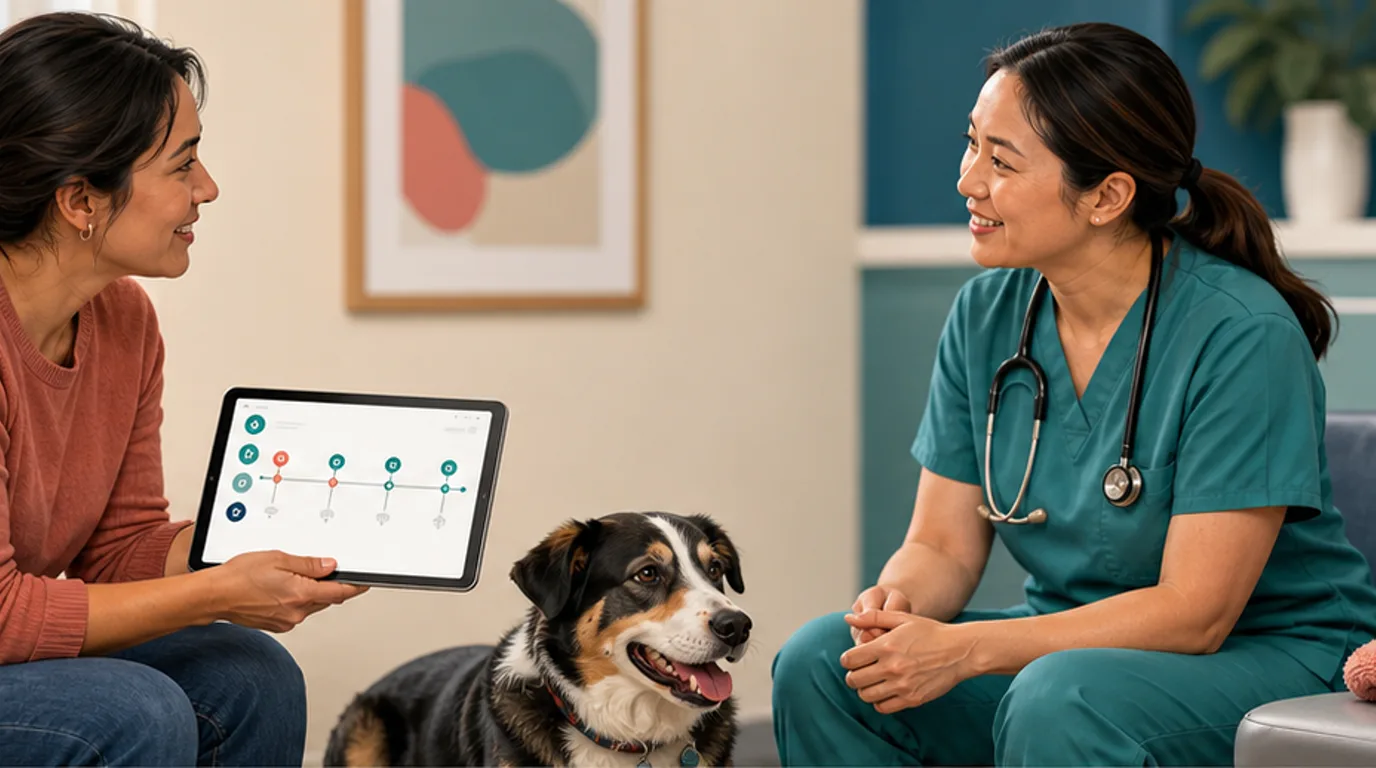 Pet owner sharing a behavior timeline with a veterinarian during a calm appointment