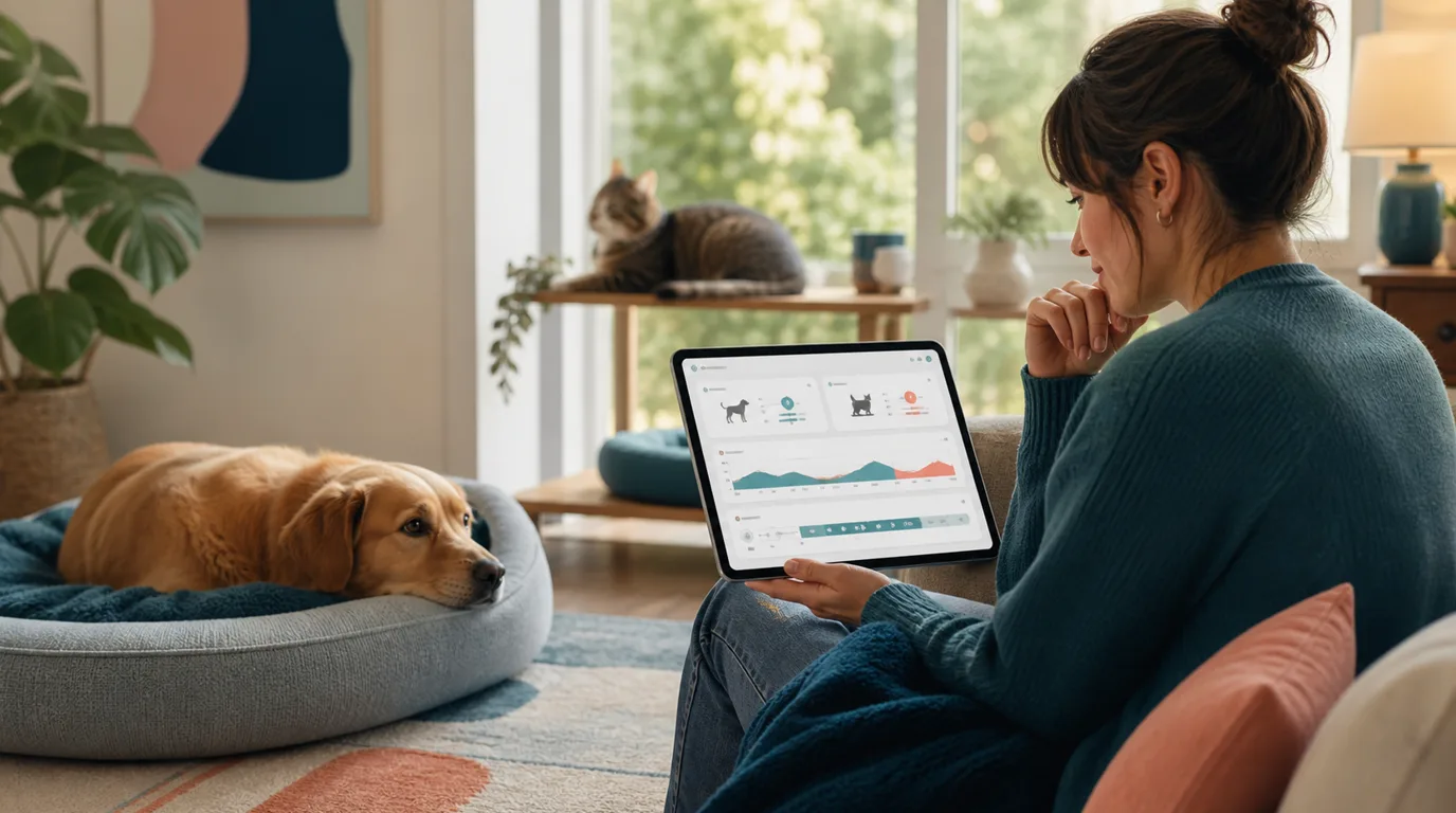 Pet owner comparing behavior observations and activity trends while a dog and cat rest at home