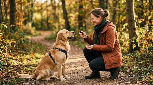 A dog and trainer in a positive-reinforcement moment with treats and clicker