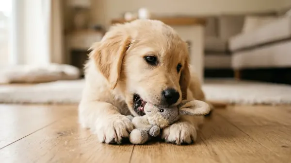 Young puppy mouthing a soft toy