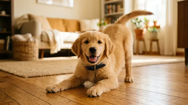 Young puppy in a play bow position with mouth open
