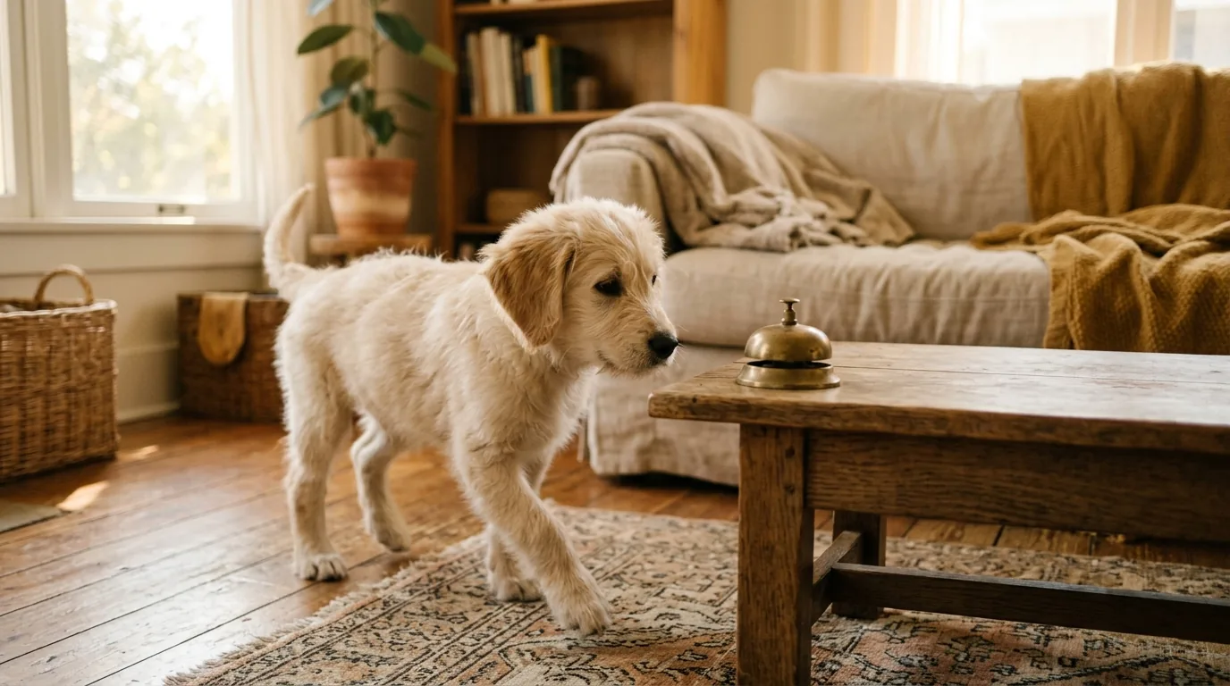 Young puppy curiously approaching a new object in a controlled environment