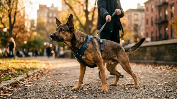 A dog showing alert reactive body language on a leash