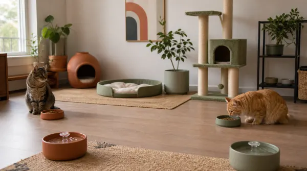 Two cats using widely separated food and water stations in a room with open paths and a cat tree