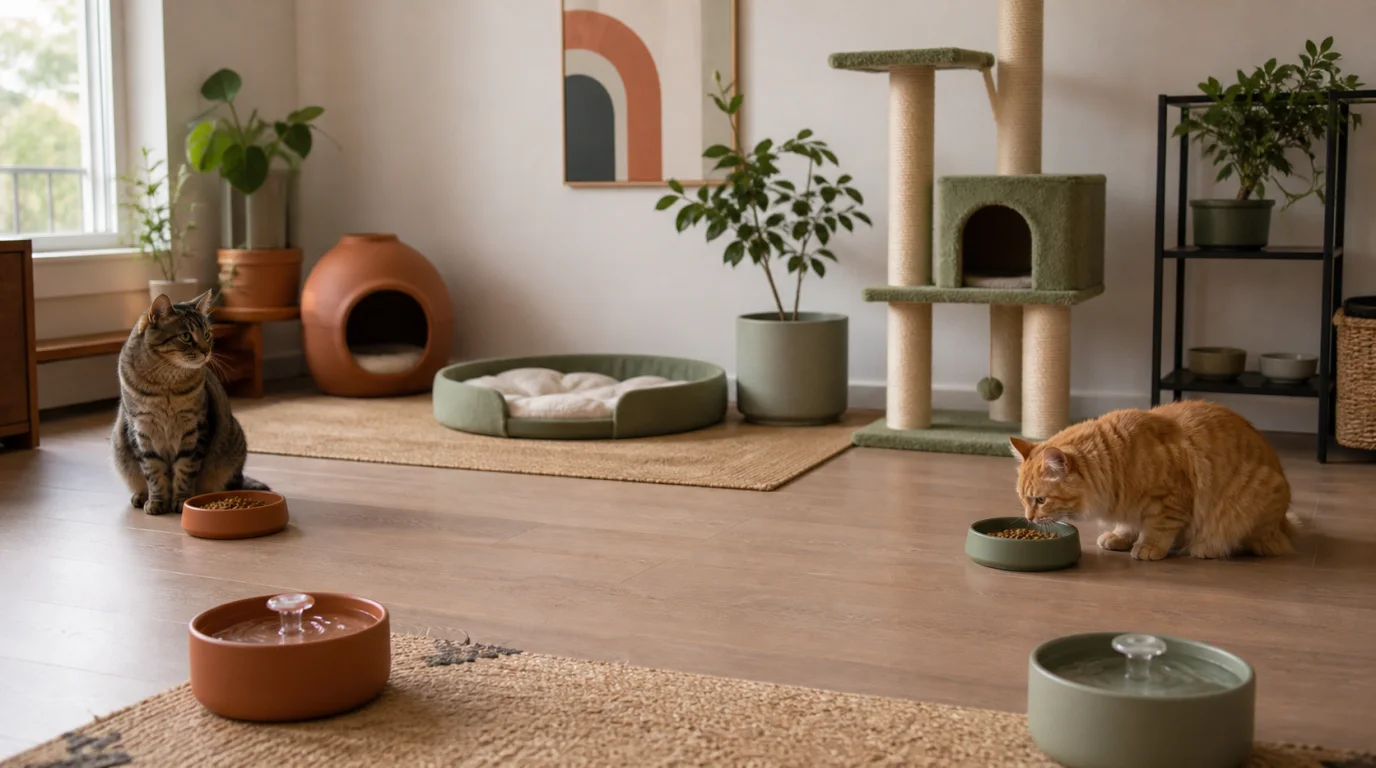 Two cats using widely separated food and water stations in a room with open paths and a cat tree