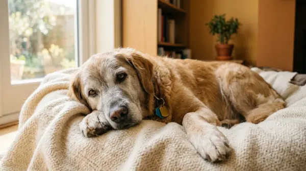 Senior dog with gray muzzle resting comfortably on a bed
