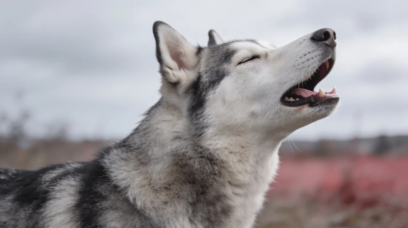 Siberian Husky with head raised mid-howl, ears back and eyes soft in a relaxed posture
