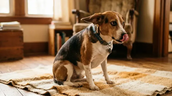 Dog showing multiple subtle stress signals: ear shift, lip lick, weight back