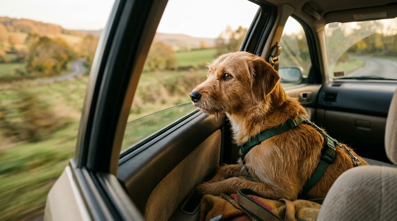 Dog looking out a car window during a calm travel moment