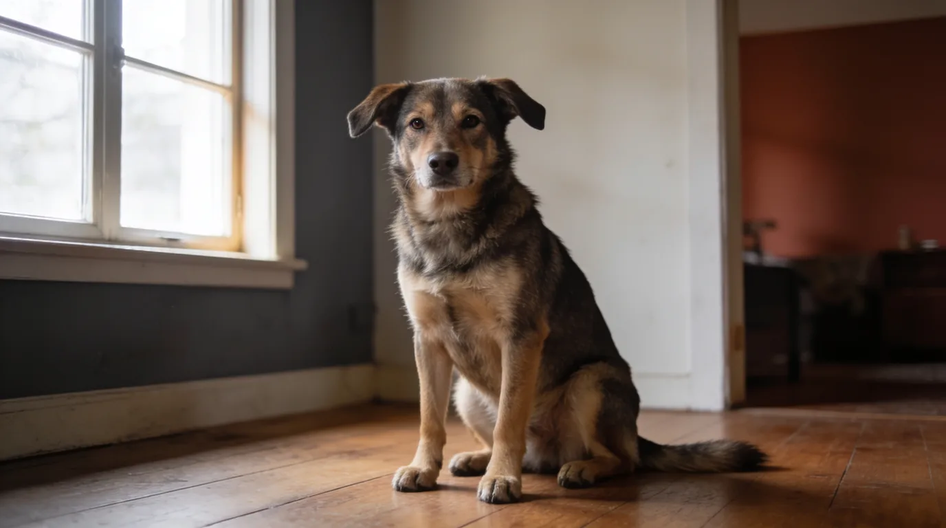 Attentive dog making direct eye contact with a soft expression and forward ears