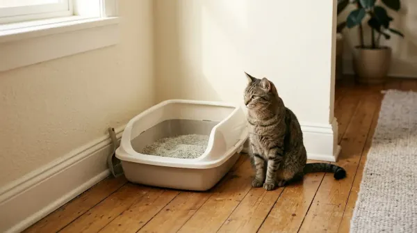 Cat sitting near a clean litter box in a quiet corner of a home