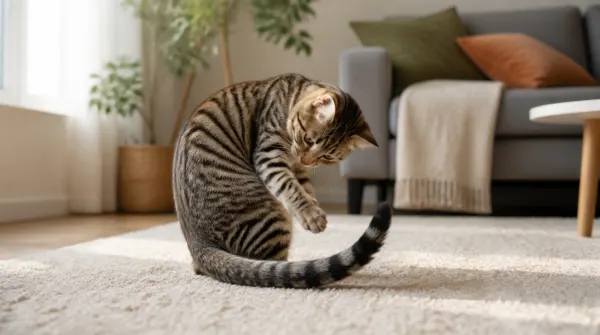 Young tabby cat curving to watch and reach toward the tip of its tail